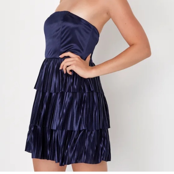 Lulus Dresses & Skirts - Elevating Evening Navy Blue Strapless Tiered Plisse Dress